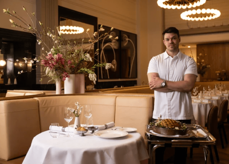 Aqualand-Etymon Project-The Charles-Chef Billy Hannigan with his pithivier in The Charles, where leather booths, trolleys and heavy silver trays abound. Louie Douvis